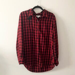 BeachLunchLounge Embroidered Rose Buffalo Plaid Button Up Shirt Medium